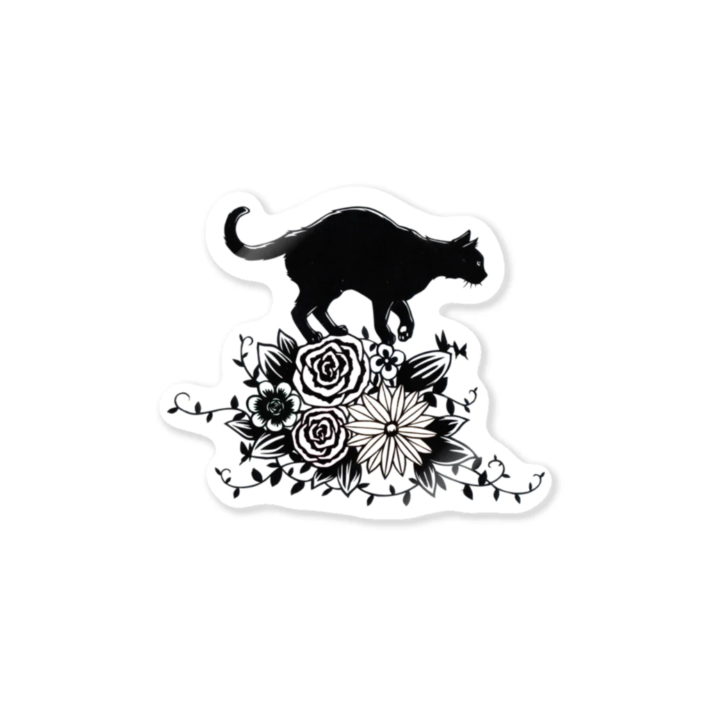 切り絵草太の花に乗る猫 Sticker