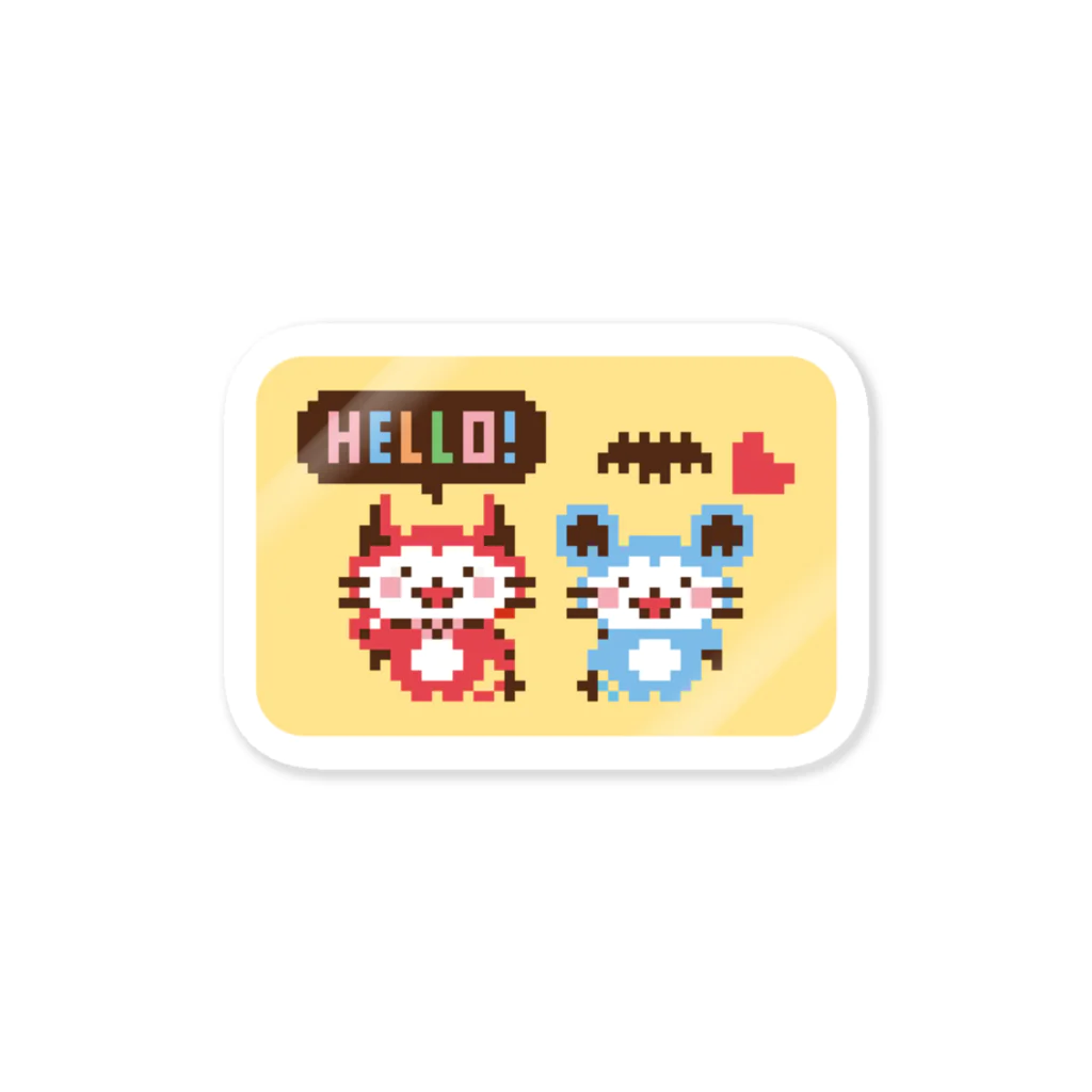 ミニマムユニヴァース@SUZURIのデビねこくんとデビねずちゃんドット絵 黄色 ステッカー ステッカー