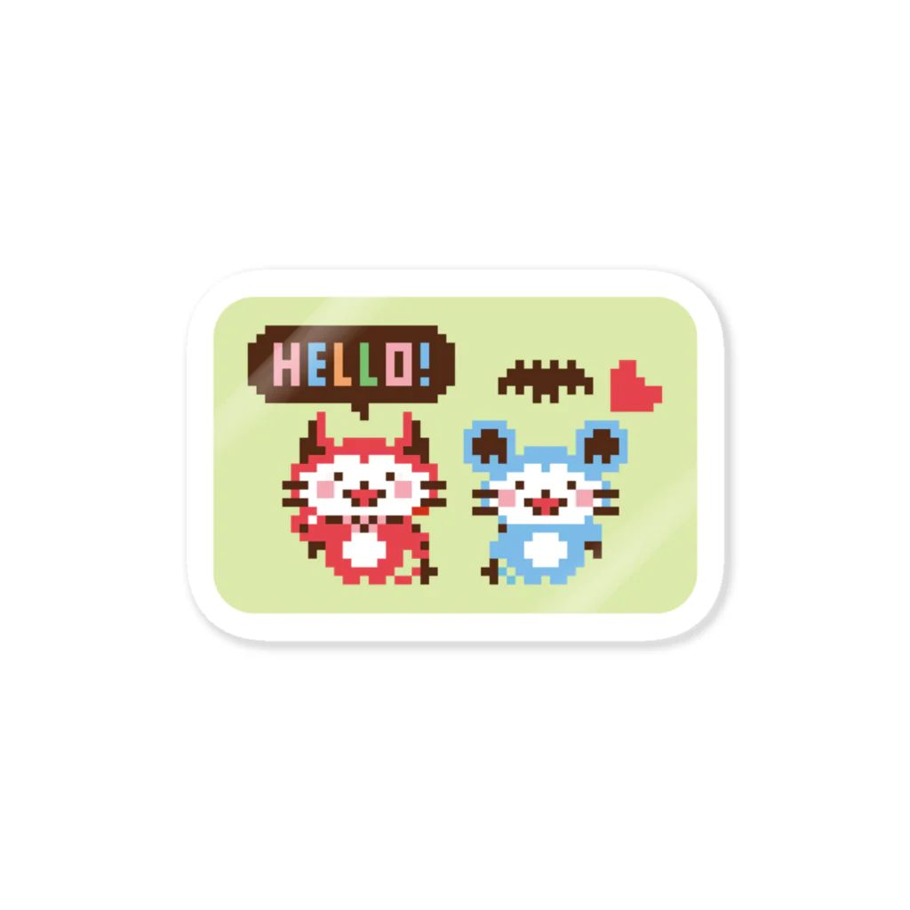 ミニマムユニヴァース@SUZURIのデビねこくんとデビねずちゃんドット絵 緑色 ステッカー Sticker