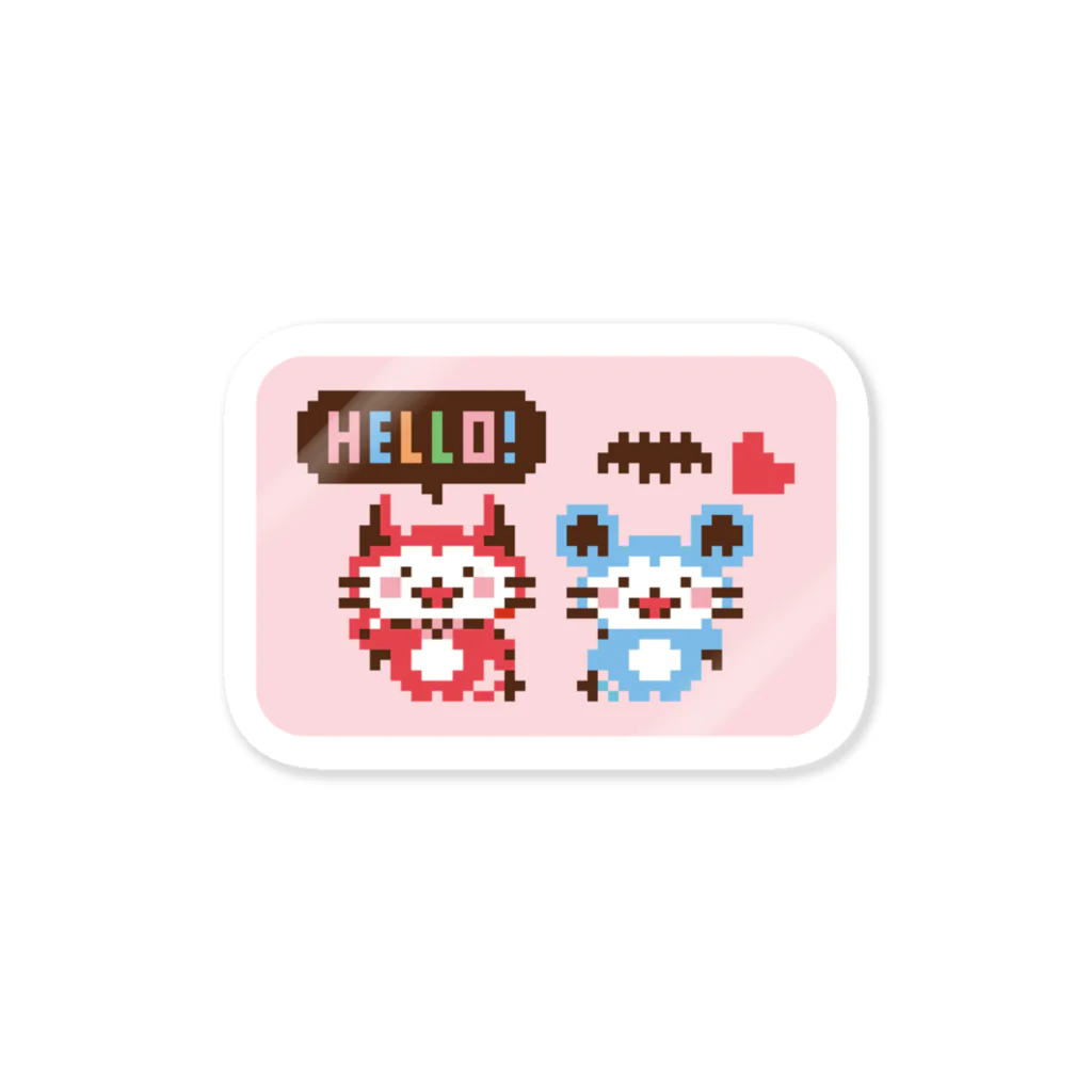 ミニマムユニヴァース@SUZURIのデビねこくんとデビねずちゃんドット絵 桃色 ステッカー Sticker