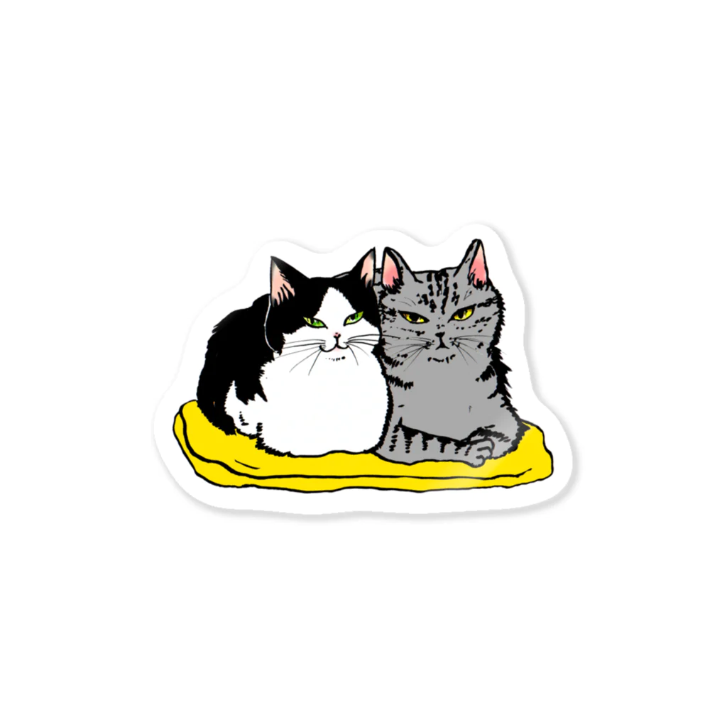 猫竹（nekotake)の黄色い座布団のサバトラとハチワレ仲良し猫(香箱)-猫竹 Sticker