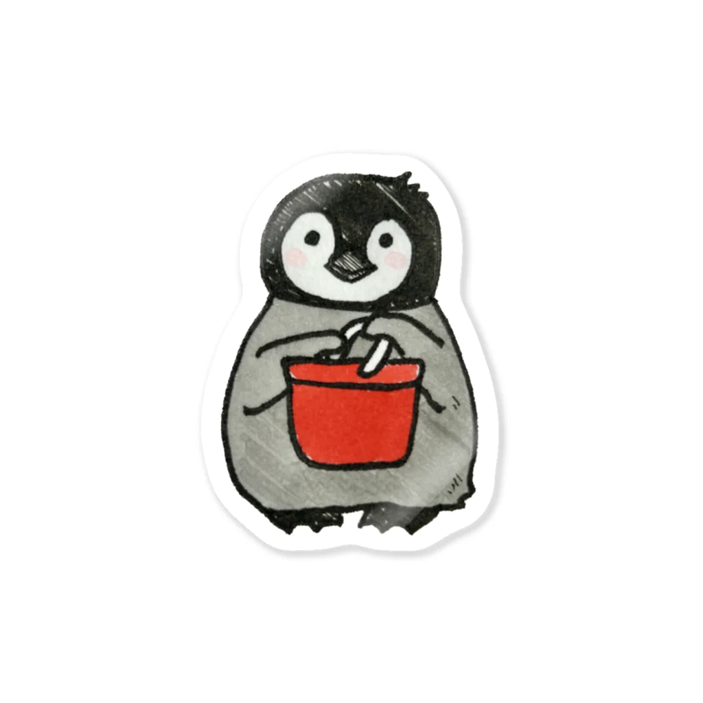 miyakemasayoのなぜか赤いバケツを持つペンギンのおこさま Sticker