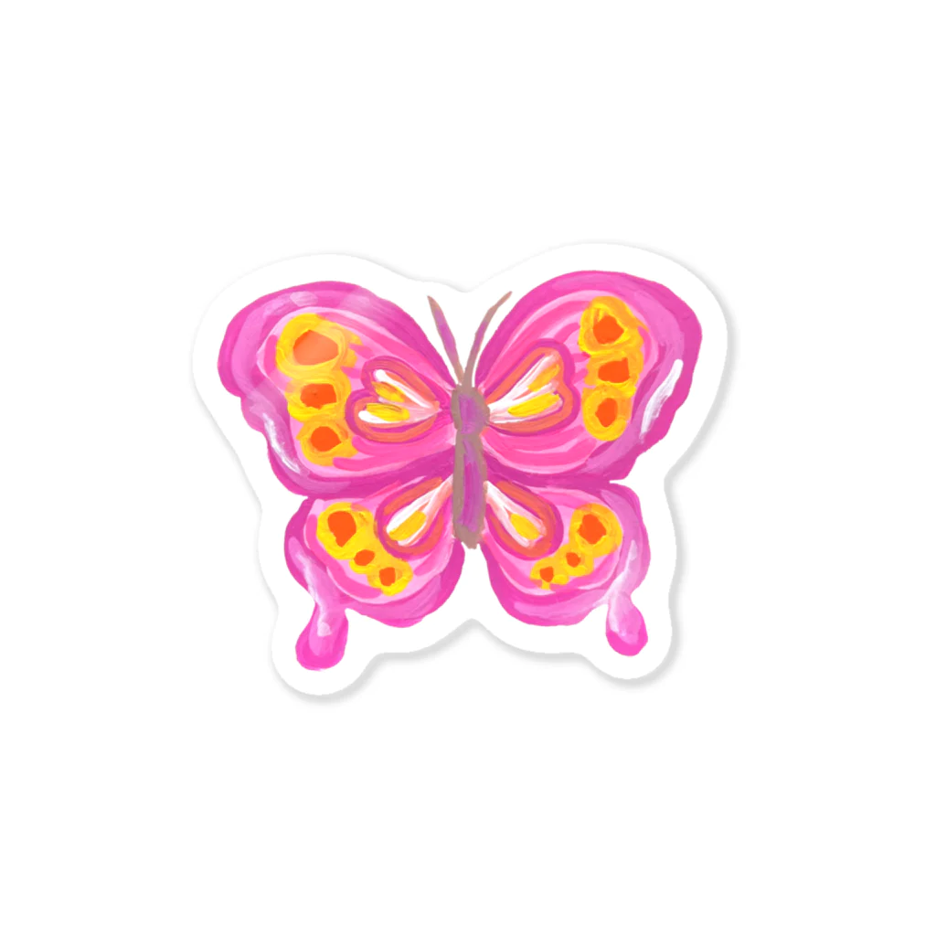 34illustrationのピンクのペイント蝶々 ステッカー