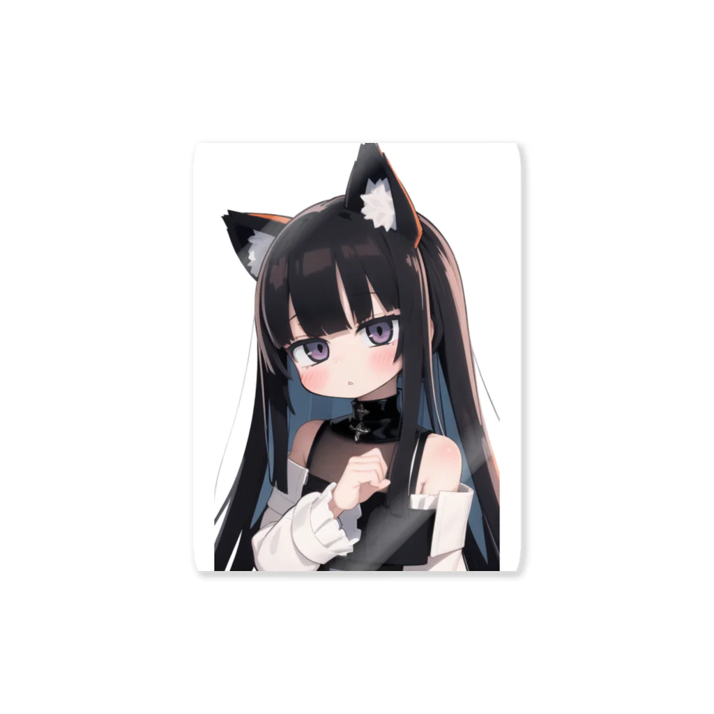 ケモ耳美少女キツネちゃん（AIart）の長い黒髪の愛らしい獣耳の少女 Sticker