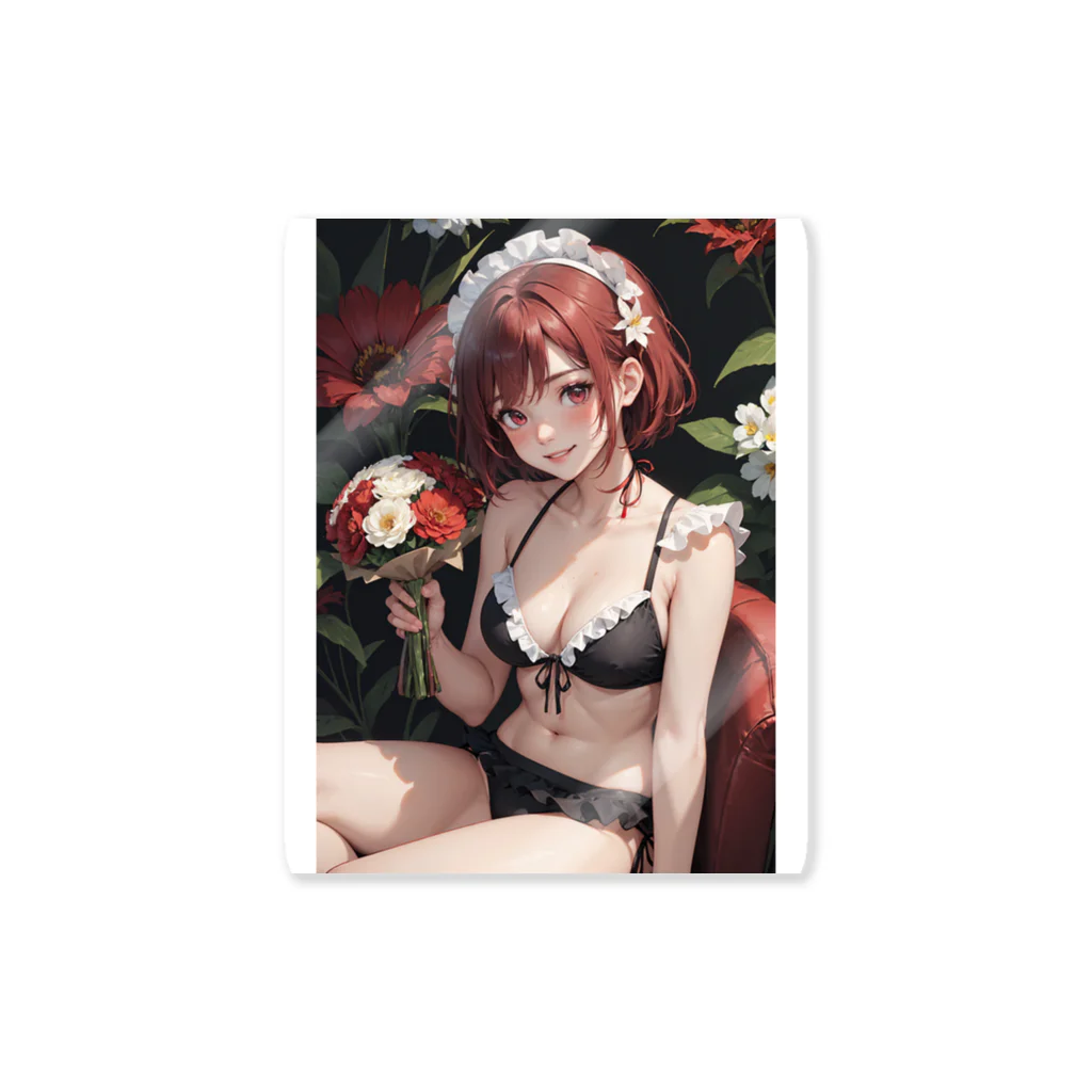 天乃鯱の赤髪メイドのビキニ花束イラスト Sticker