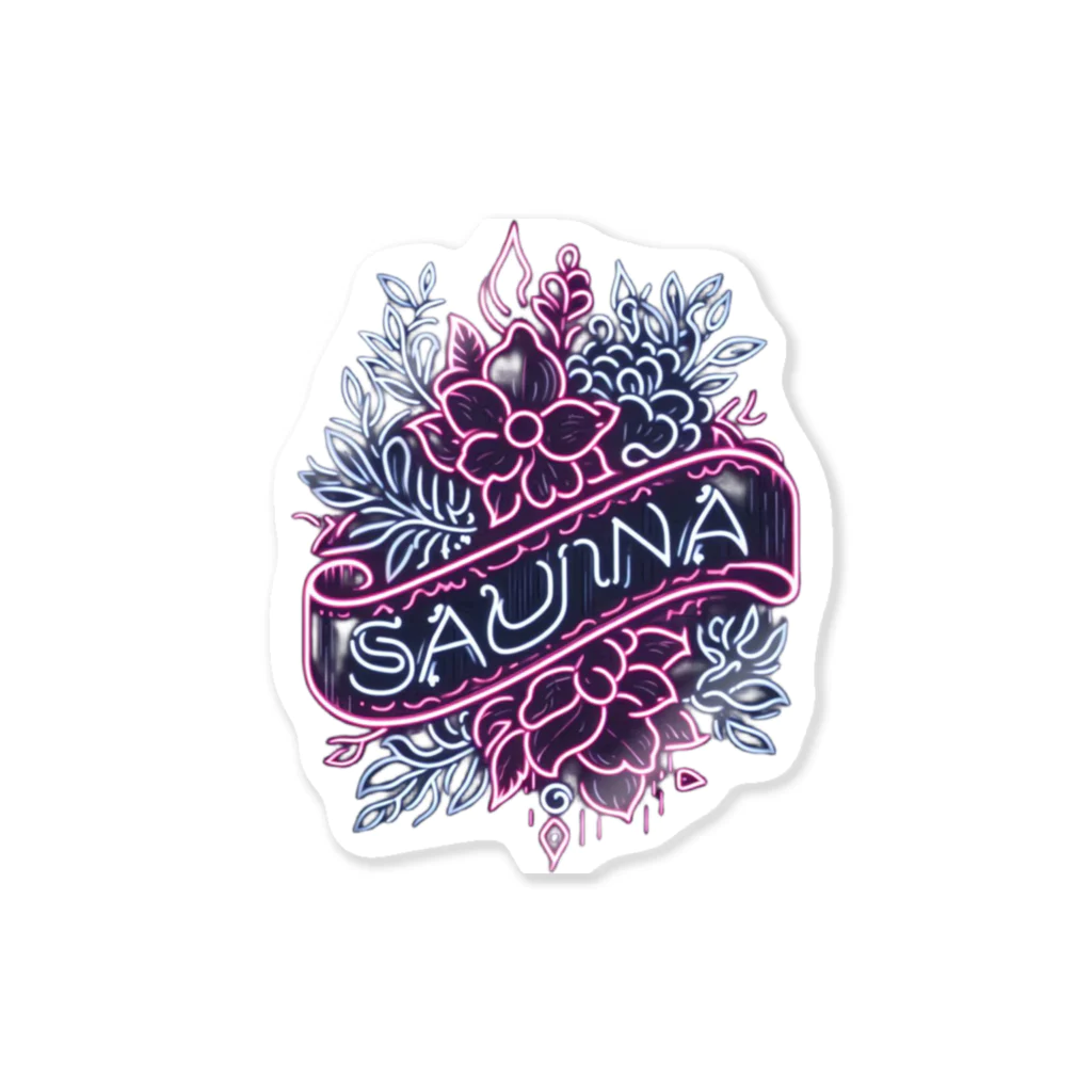 N SAUNA LOGOのネオン風花柄サウナロゴ11　花柄ver.4 ステッカー