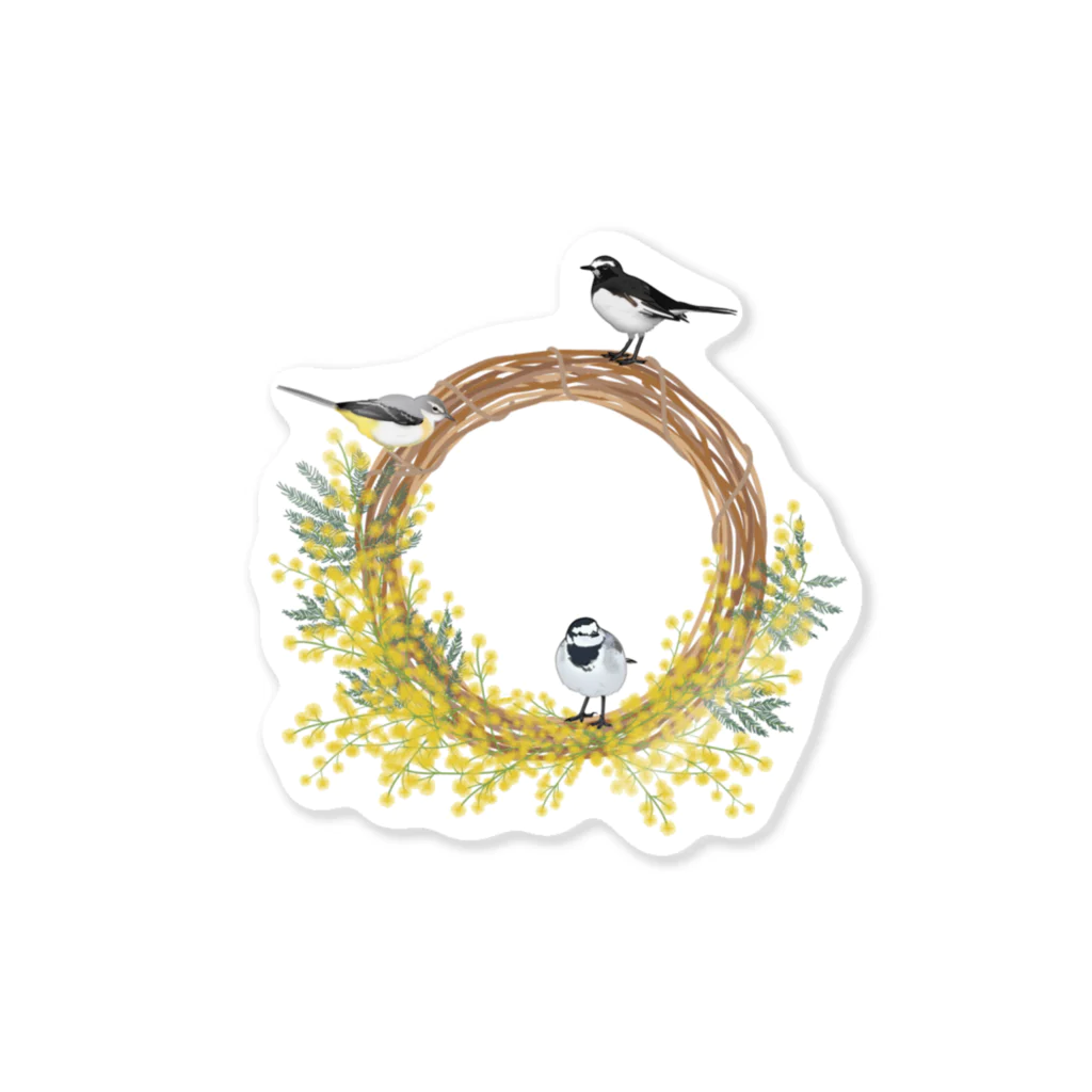 やちよ｜リアル鳥イラストの鶺鴒さんとミモザのリース（枝あり） Sticker