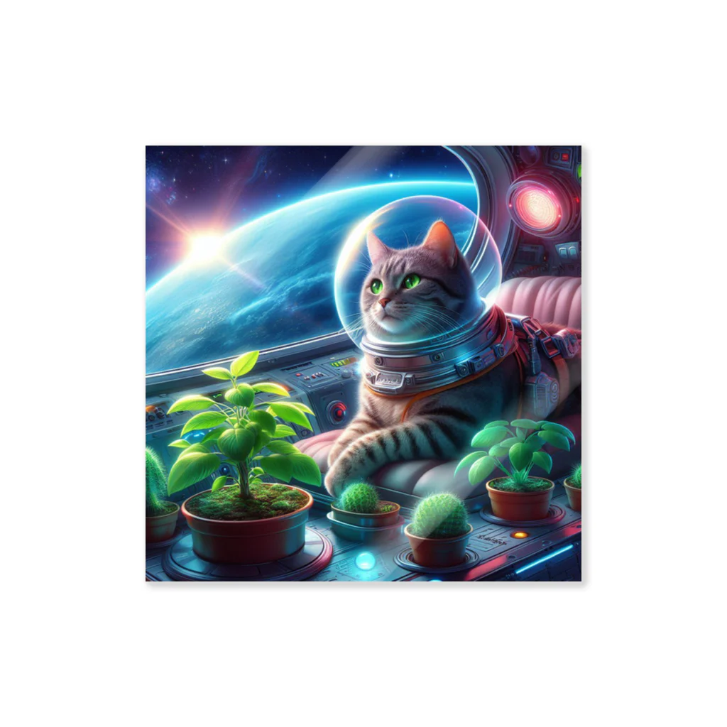 ニャーちゃんショップの宇宙船で植物を育てながら宇宙旅行している猫 Sticker