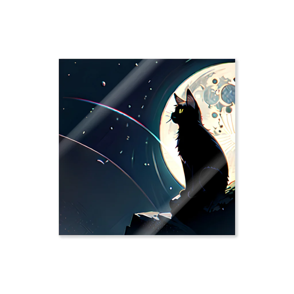 黒猫と珈琲の月夜を眺める黒猫 Sticker