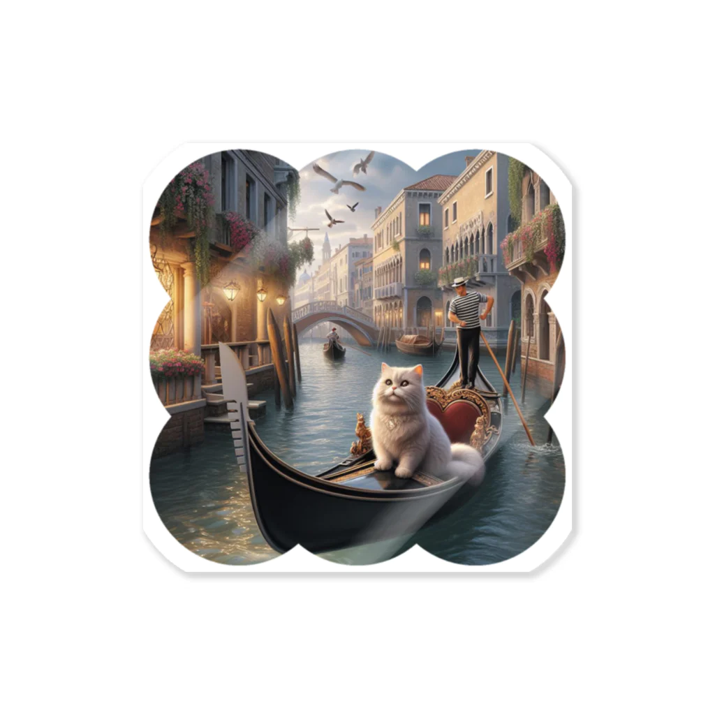 ニャーちゃんショップのヴェネツィアの運河でゴンドラに乗っているネコ ステッカー