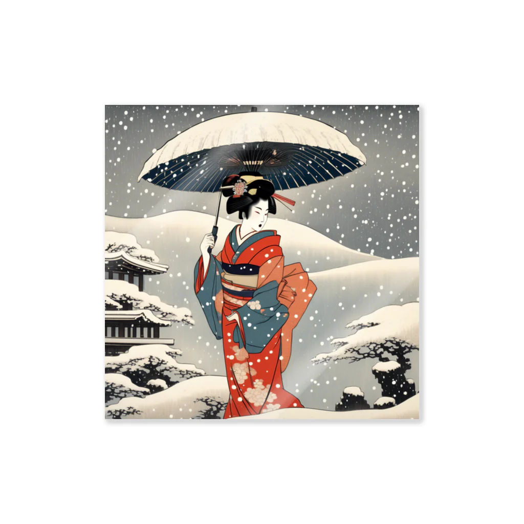 日本の風景 COOL JAPANの日本の風景、雪降る中を歩く舞妓さん　Japanese senery：Maiko in the snow ステッカー