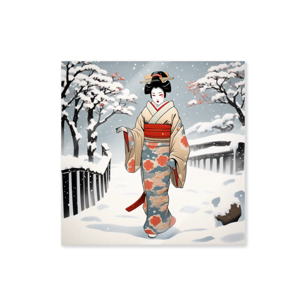 日本の風景 COOL JAPANの日本の風景、冬雪降る中を歩く舞妓さん　MAIKO walking in the snow ステッカー