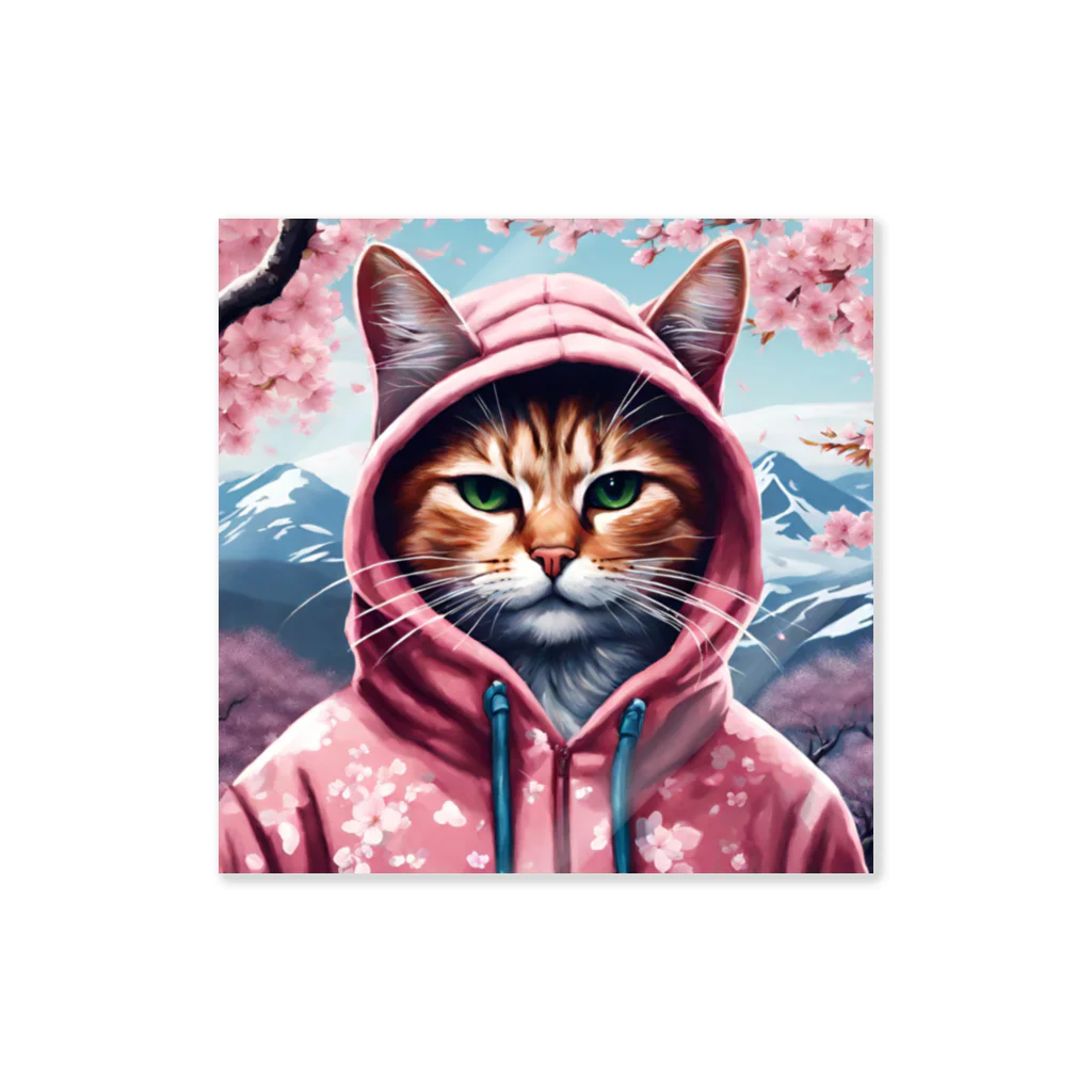 オシャンな動物達^_^の桜舞うなかオシャン猫 Sticker