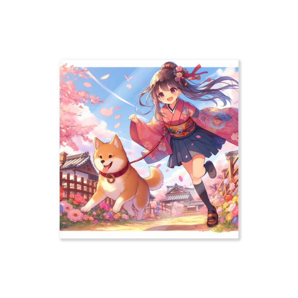 推しの美少女とアイドルの桜の中を犬と走る女の子 Sticker