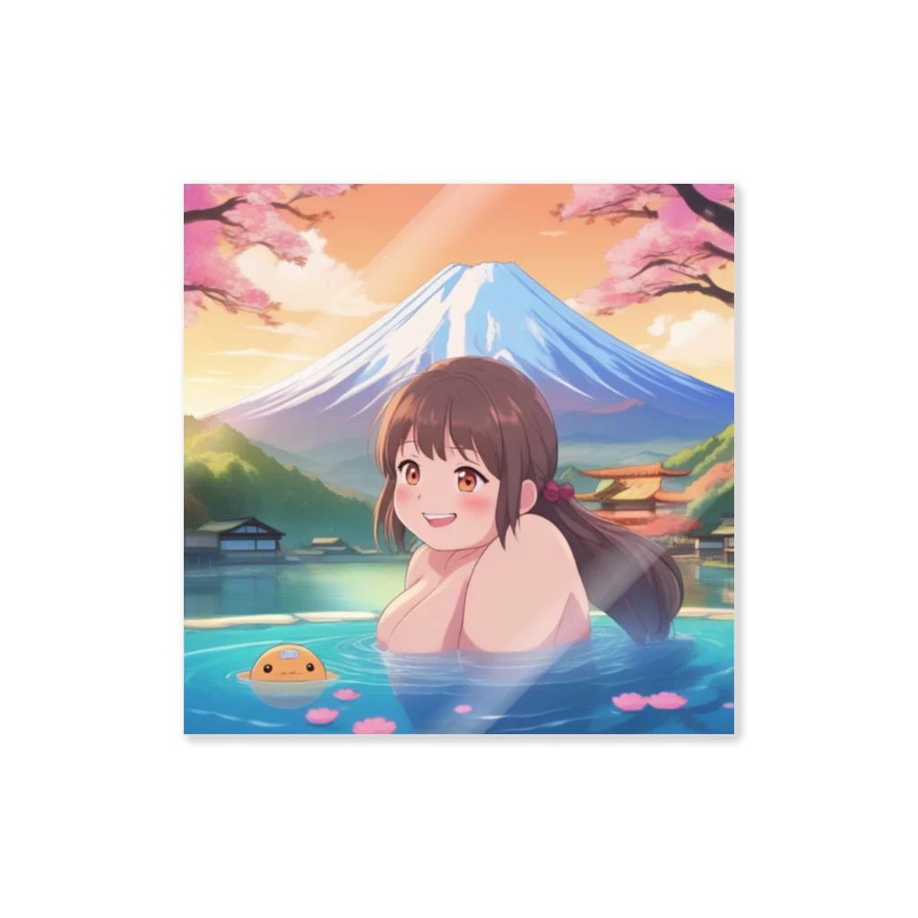 west97の富士山絶景にある露天風呂のかわいい女の子 ステッカー