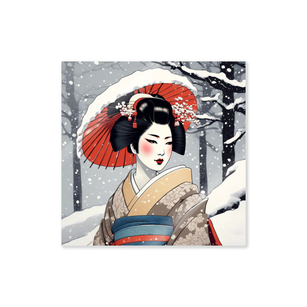 日本の風景 COOL JAPANの日本の風景:雪の降る中の舞妓さん、Jpanese senery:MAIKO in snow ステッカー