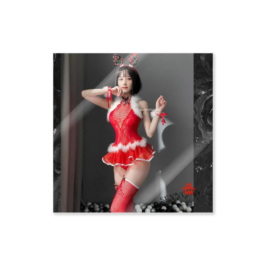 japanshopeesのWomen Femme Ruffle Hollow Out Teddy Bodysuit Bows Stocking Red Christmas Victorias Secret ステッカー