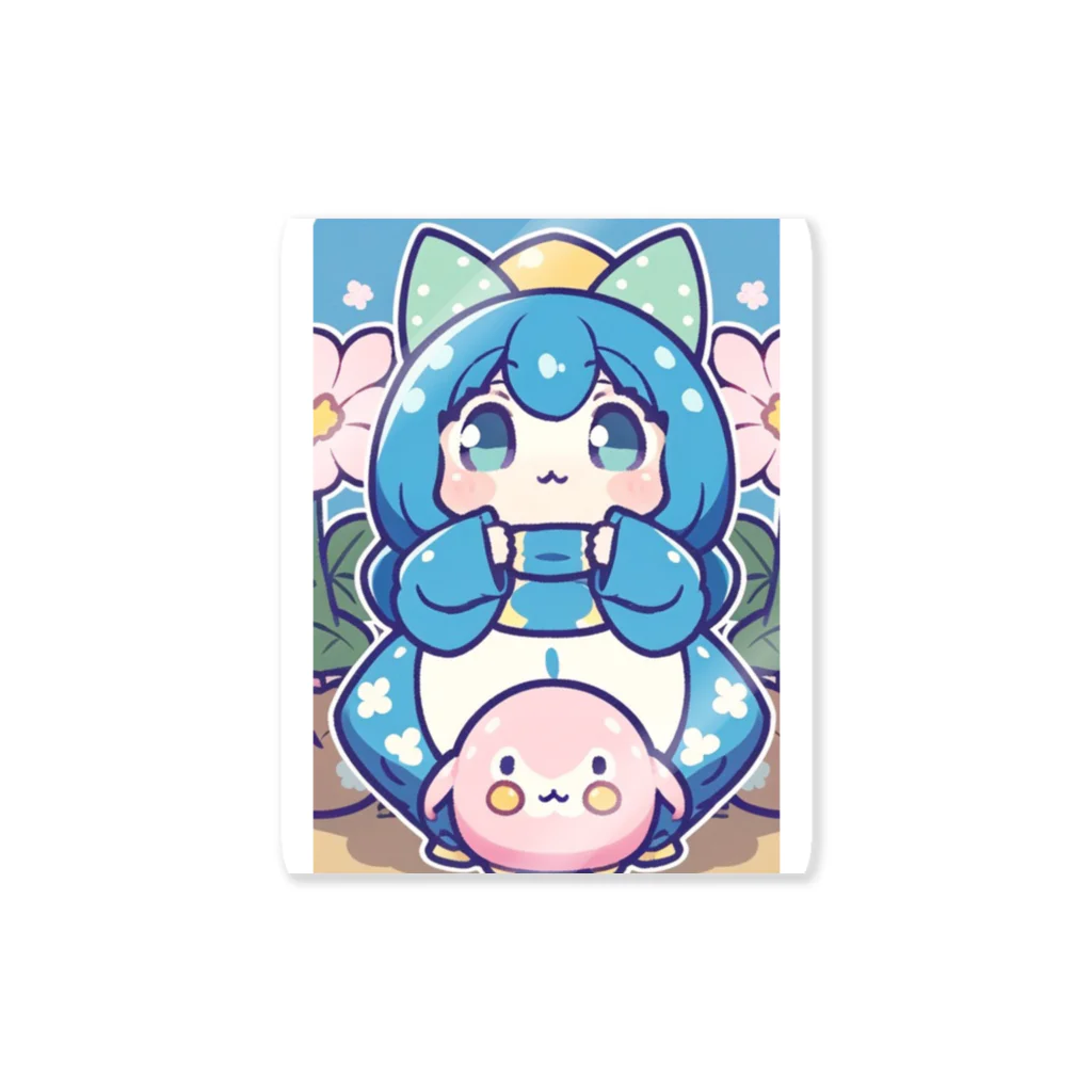 カピパーラ🐻の青い髪の姫とピンクのかわいい生物♪ Sticker