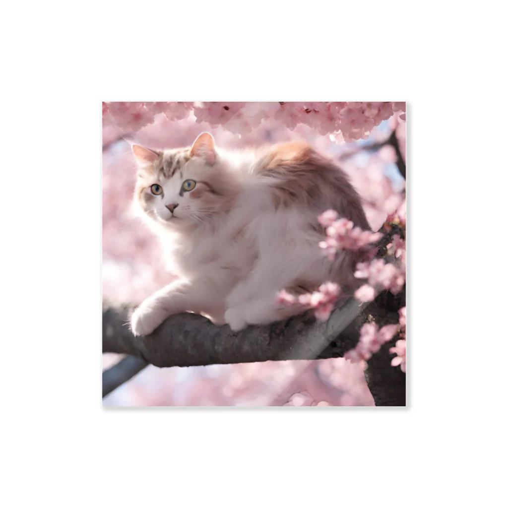 Shironekokuuの桜の木の上の猫 ステッカー