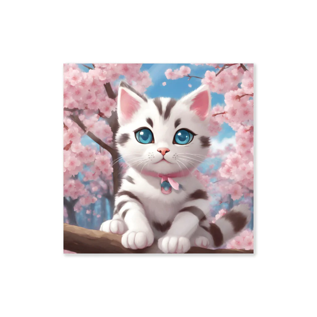 yoiyononakaの春と桜と虎縞白猫 ステッカー