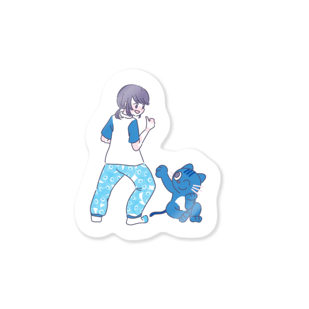 ネズミとネコとたまにウサギのグッズの青いネコと人間 Sticker