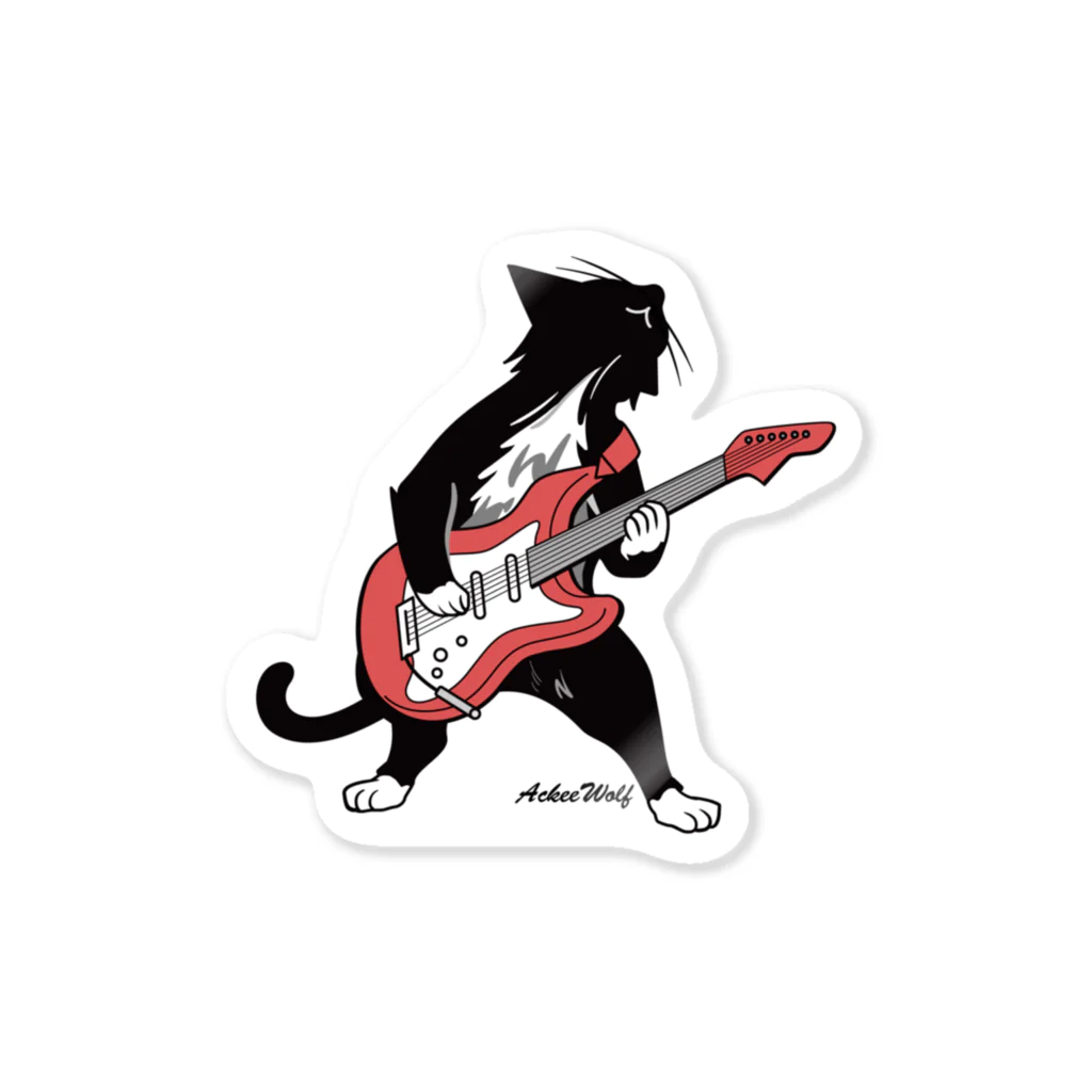 AckeeWolf Art Shopのエレキギターを弾く猫　ステッカー Sticker