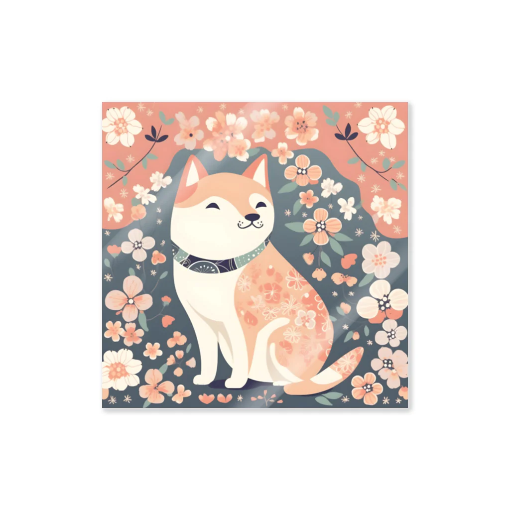 Grazing Wombatの日本画風、柴犬と桜-Japanese-style painting of a Shiba Inu with cherry blossoms ステッカー