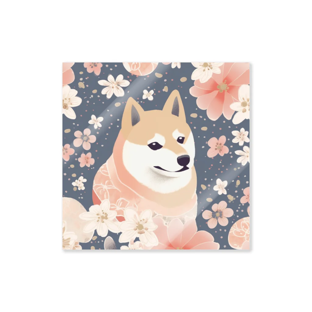 Grazing Wombatの日本画風、柴犬と桜２-Japanese-style painting of a Shiba Inu with cherry blossoms 2 ステッカー