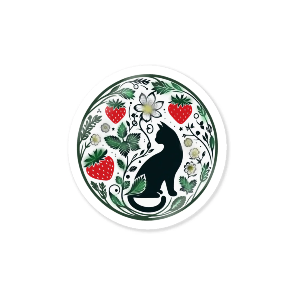 Green__teaのStrawberry field and black cat Sticker