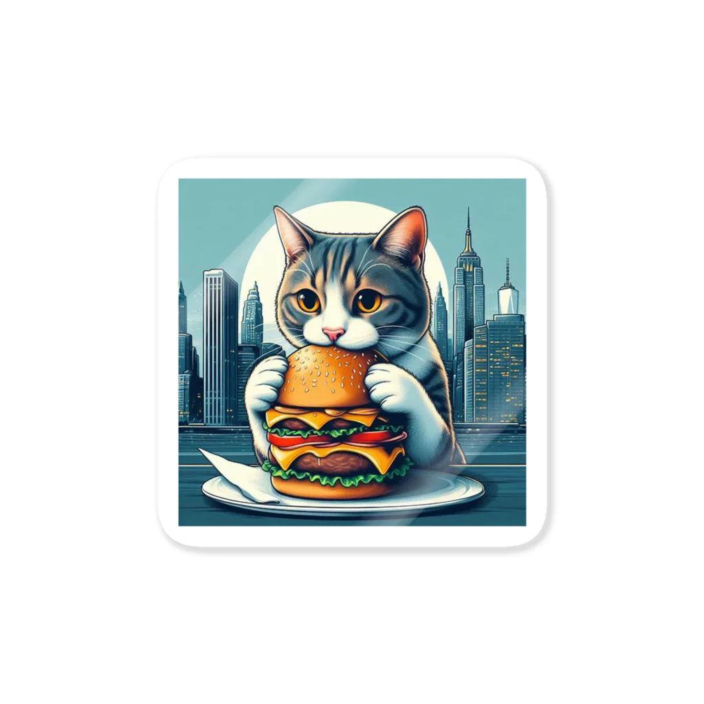 cat_burger_streetのハンバーガーをかじる猫_グレー ステッカー