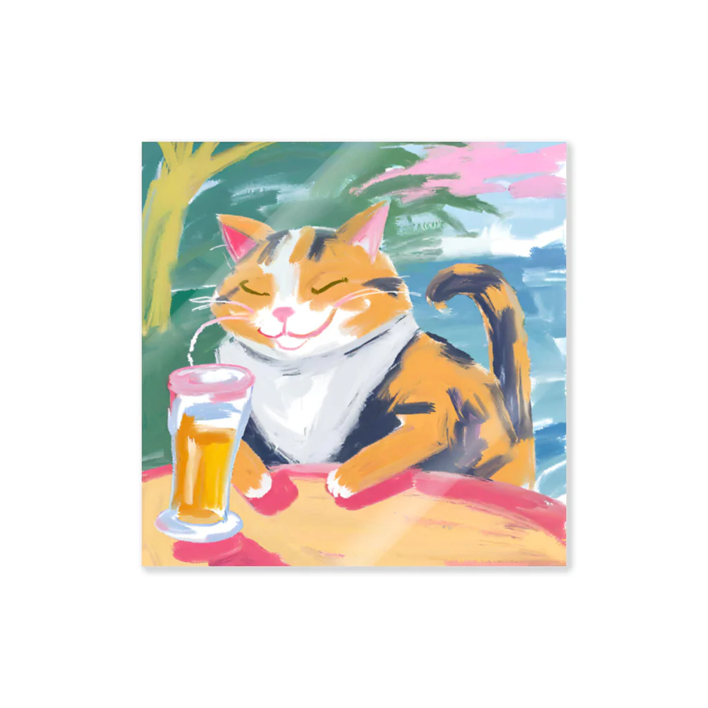 tanather shopのビールを飲んで幸せそうなネコさん Sticker