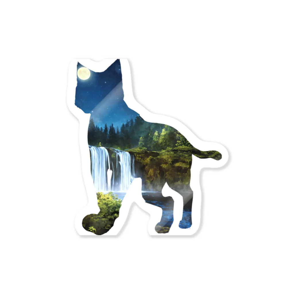 猫との風景の風景_滝と月と猫001 Sticker