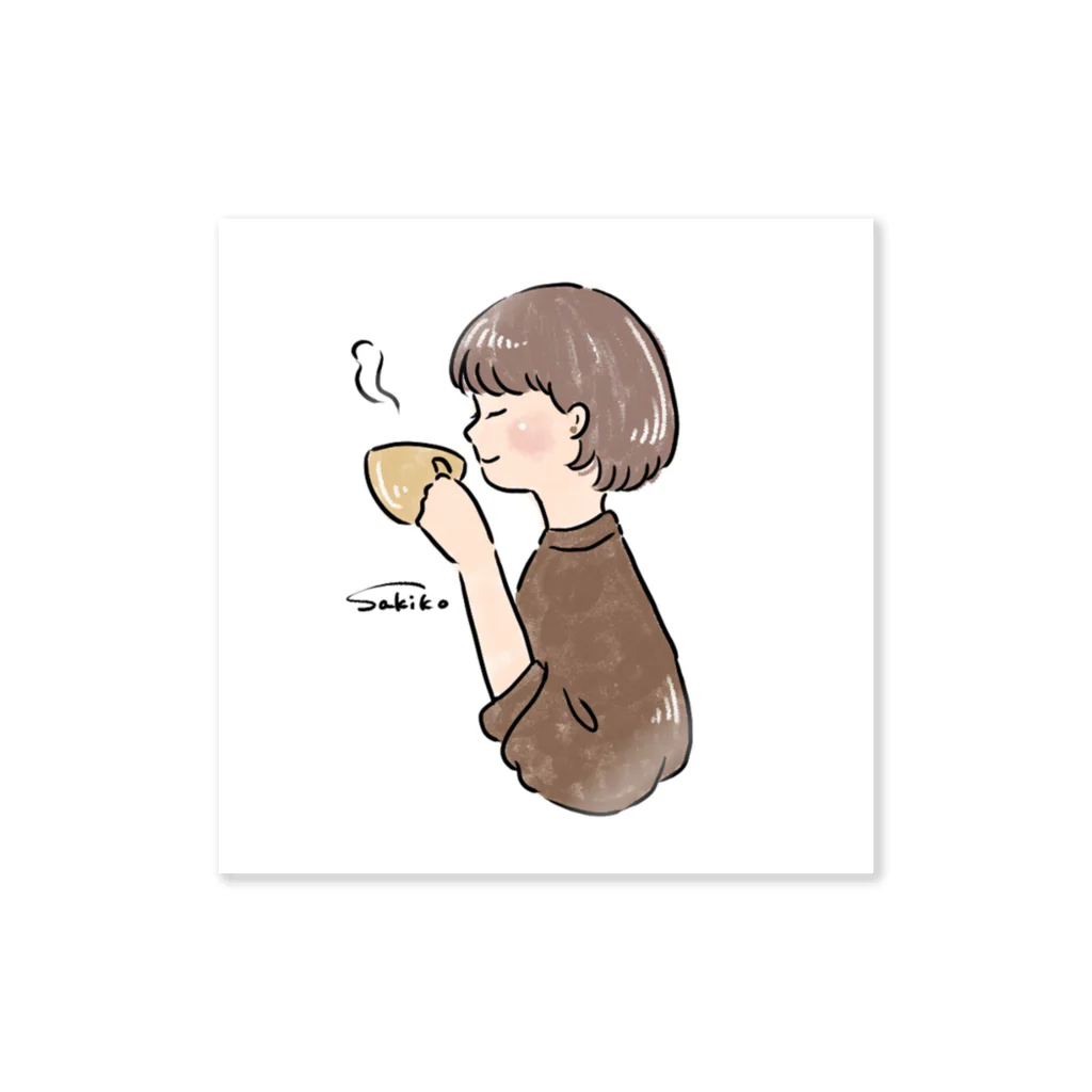 Sakikoのほっとひと息つく女の子　カフェ　ブラウン Sticker