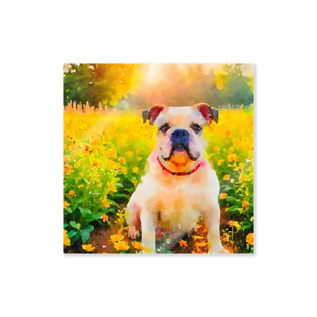 犬好きのしましまの水彩画の犬 花畑のブルドッグのイラスト Sticker