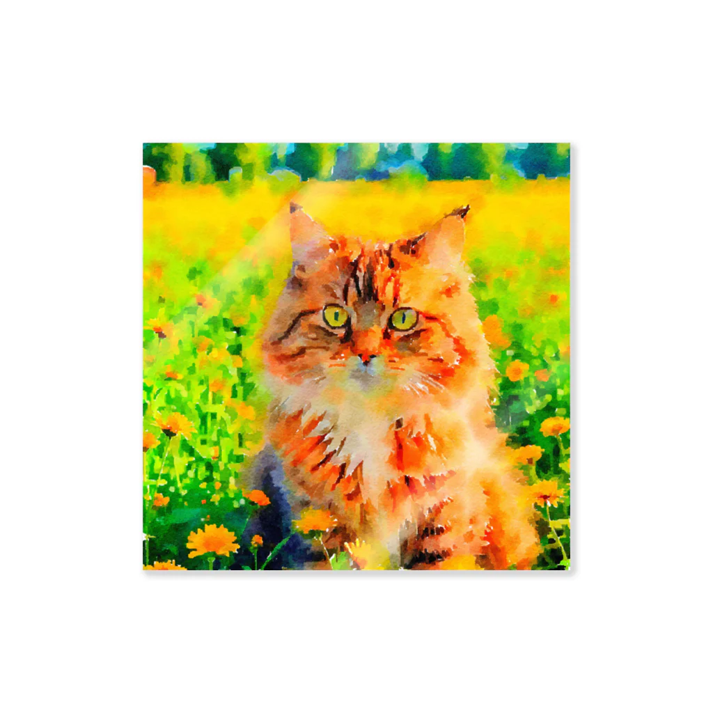 猫好きの谷の猫の水彩画/花畑のサイベリアンねこのイラスト/キジトラネコ ステッカー