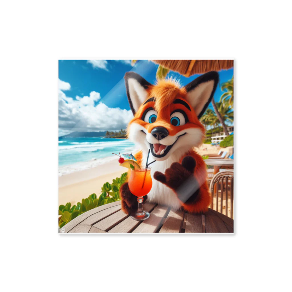 YFCのハワイのリゾートビーチでトロピカルドリンクを飲んでいる陽気なキツネ① ステッカー