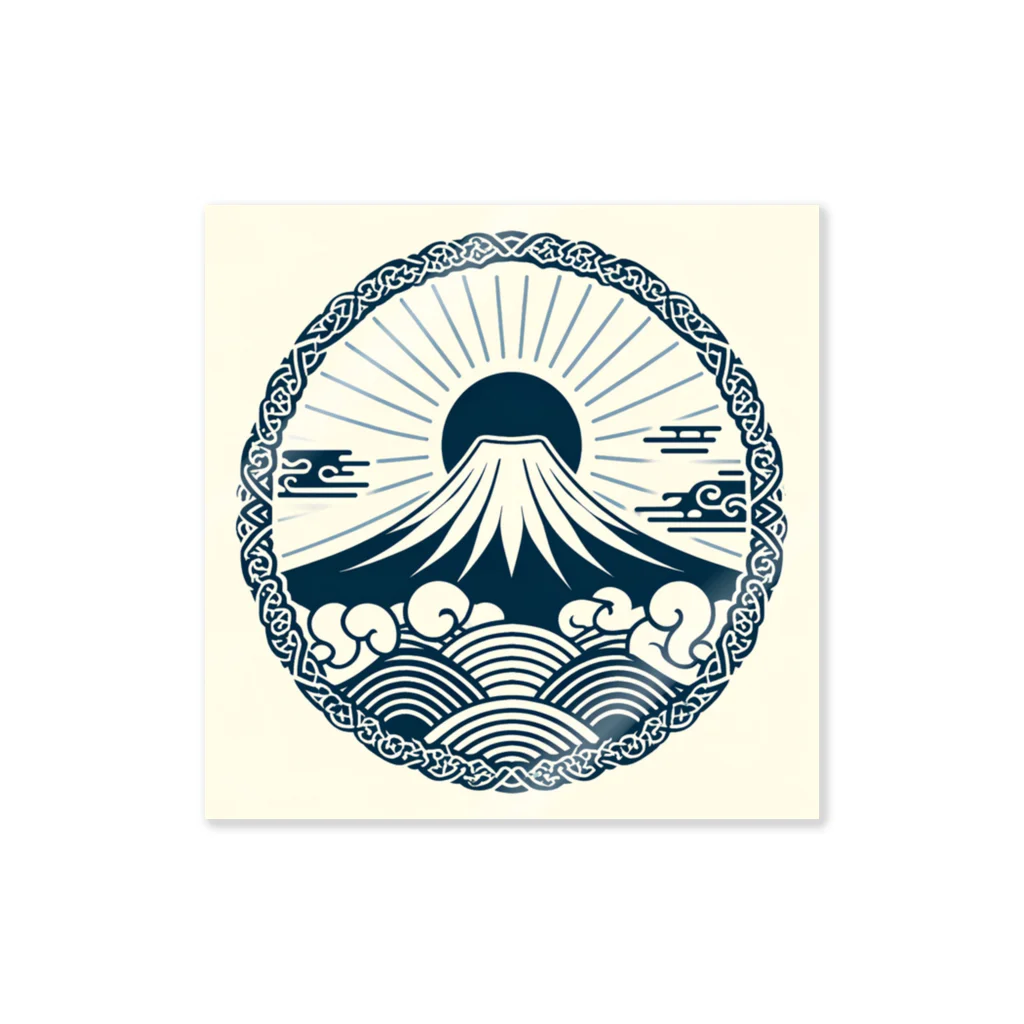 Cool Japanese CultureのMinimalist Traditional Japanese Motif Featuring Mount Fuji and Seigaiha Patterns ステッカー