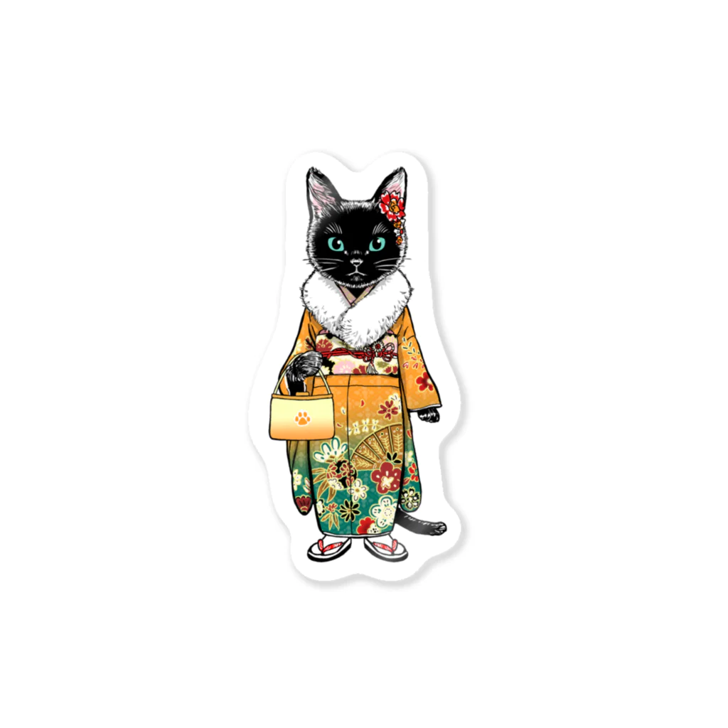 OKAYU_FACTORYの黒猫の振袖着物ファーショールあり Sticker