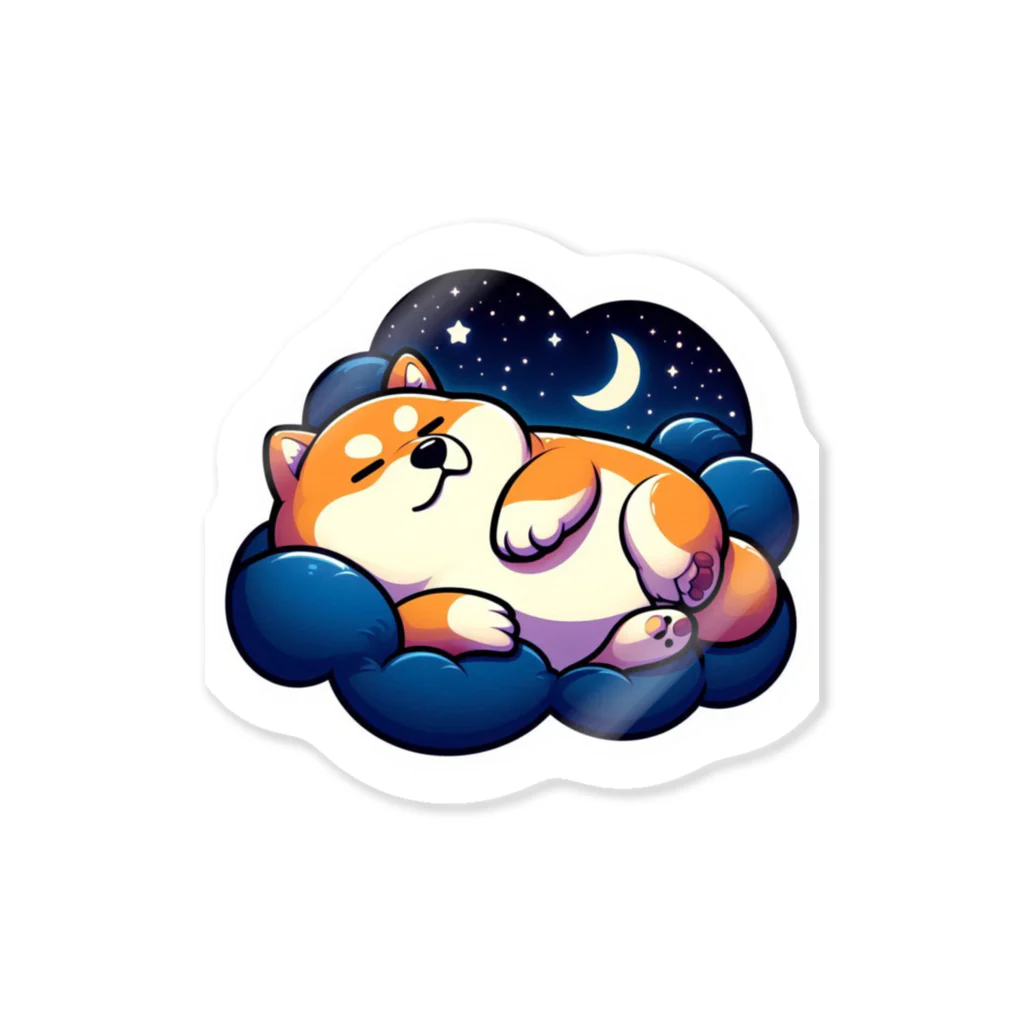 ねむいぬ(AMURO)の夜空の下で寝るぽっちゃり柴犬 Sticker