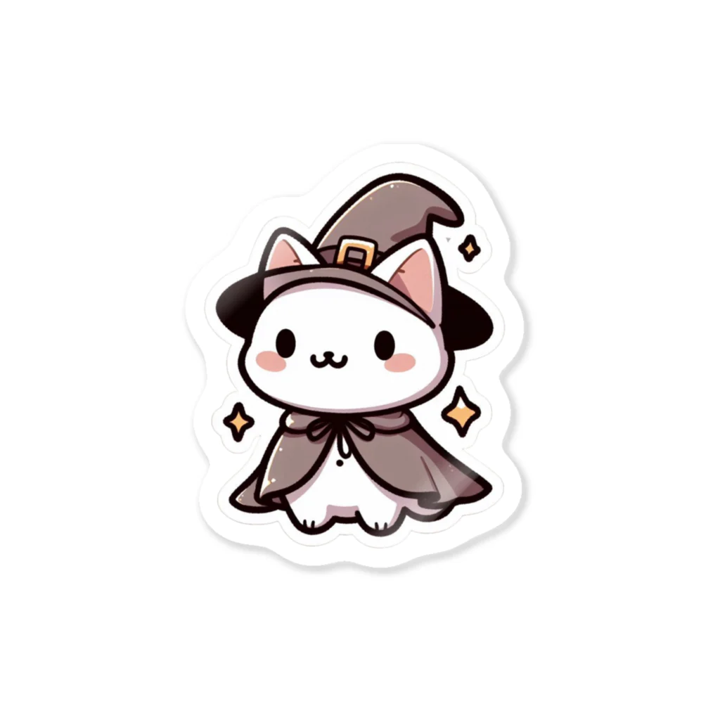 yunoshopの小さな魔女の帽子とマントを着ているかわいい猫ちゃんのステッカー ステッカー