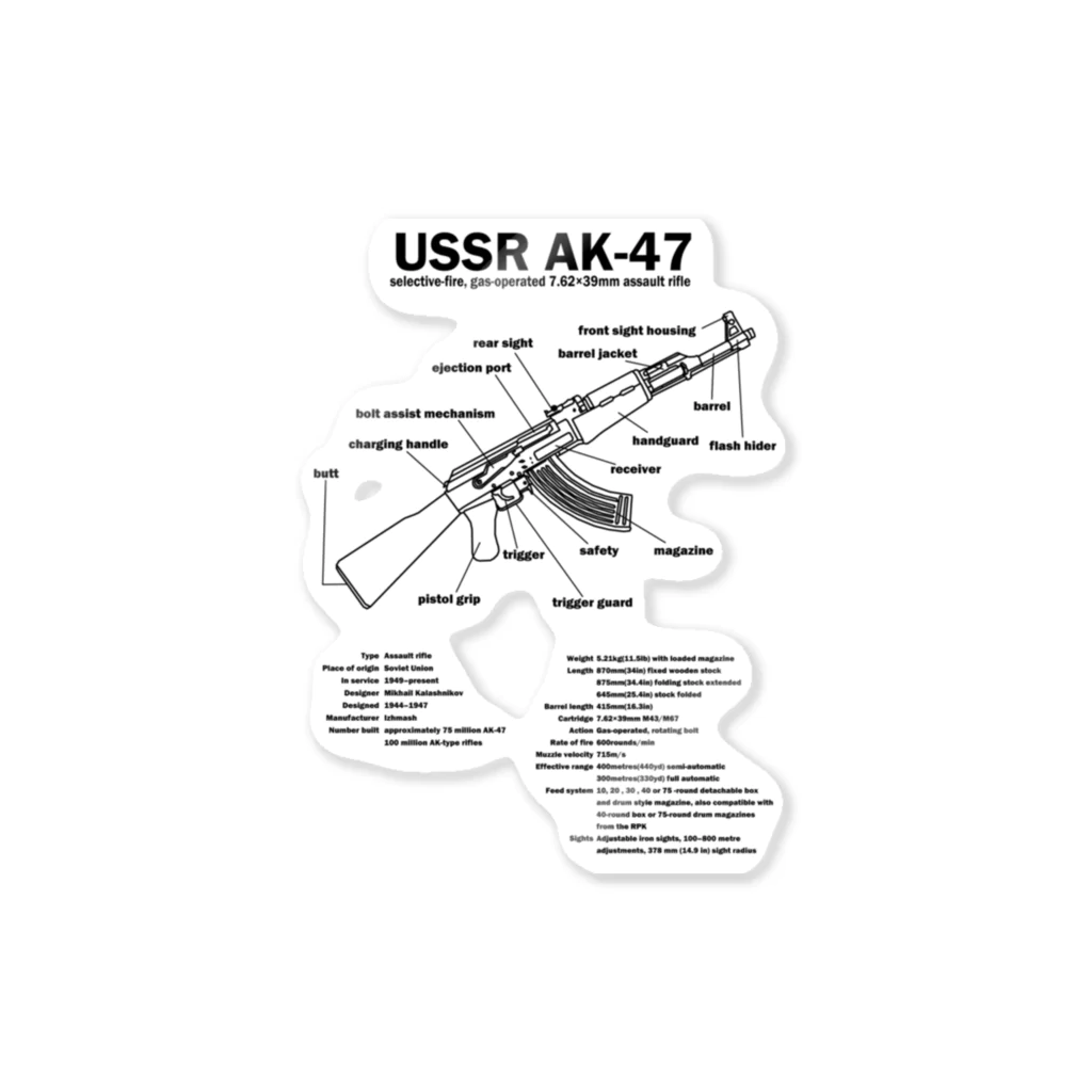 アタマスタイルのAK47：カラシニコフ：自動小銃：ソ連(ソビエト連邦)戦争：内戦：銃 ステッカー