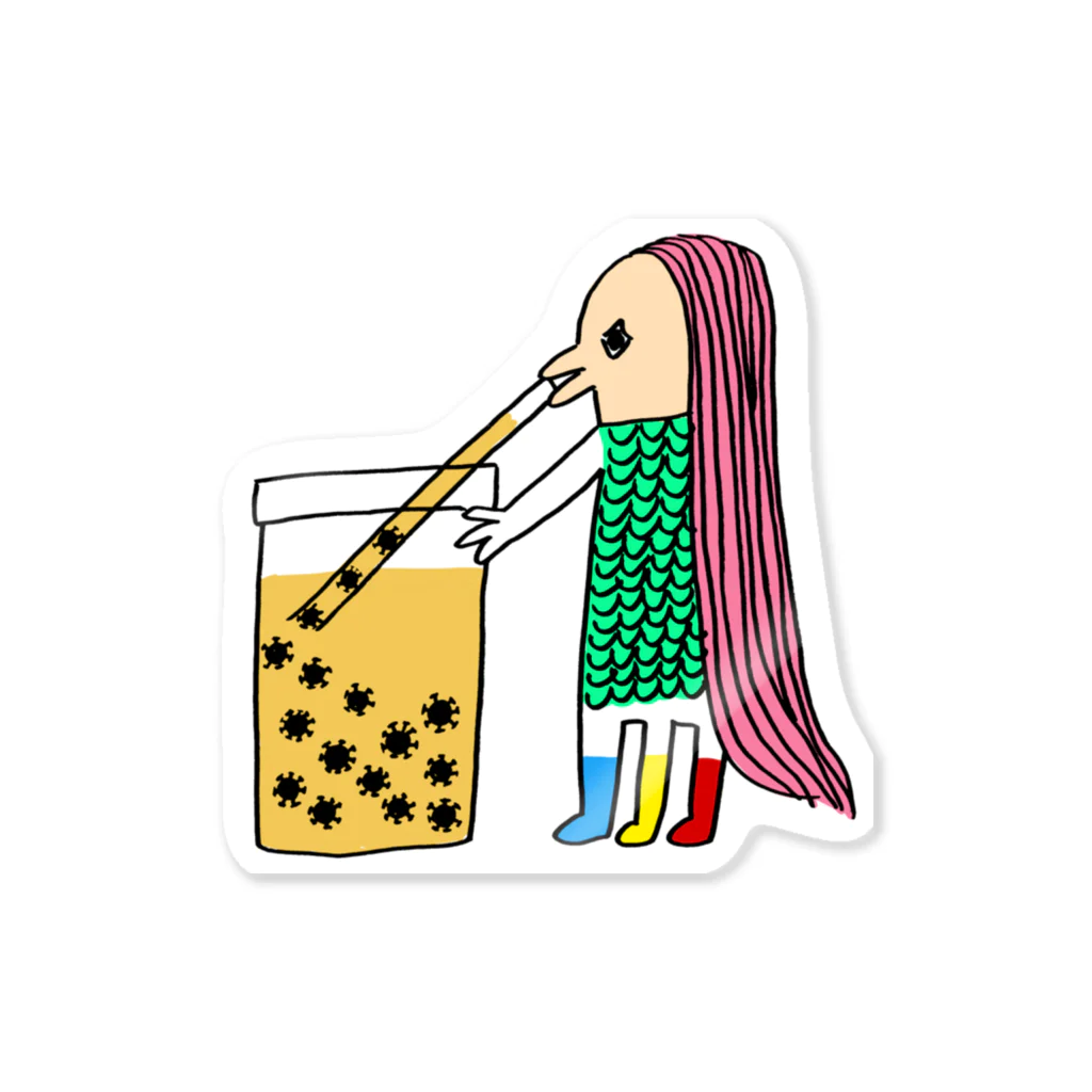 花くまゆうさくのタピオカ感覚でコロナを飲む強者アマビエ Sticker