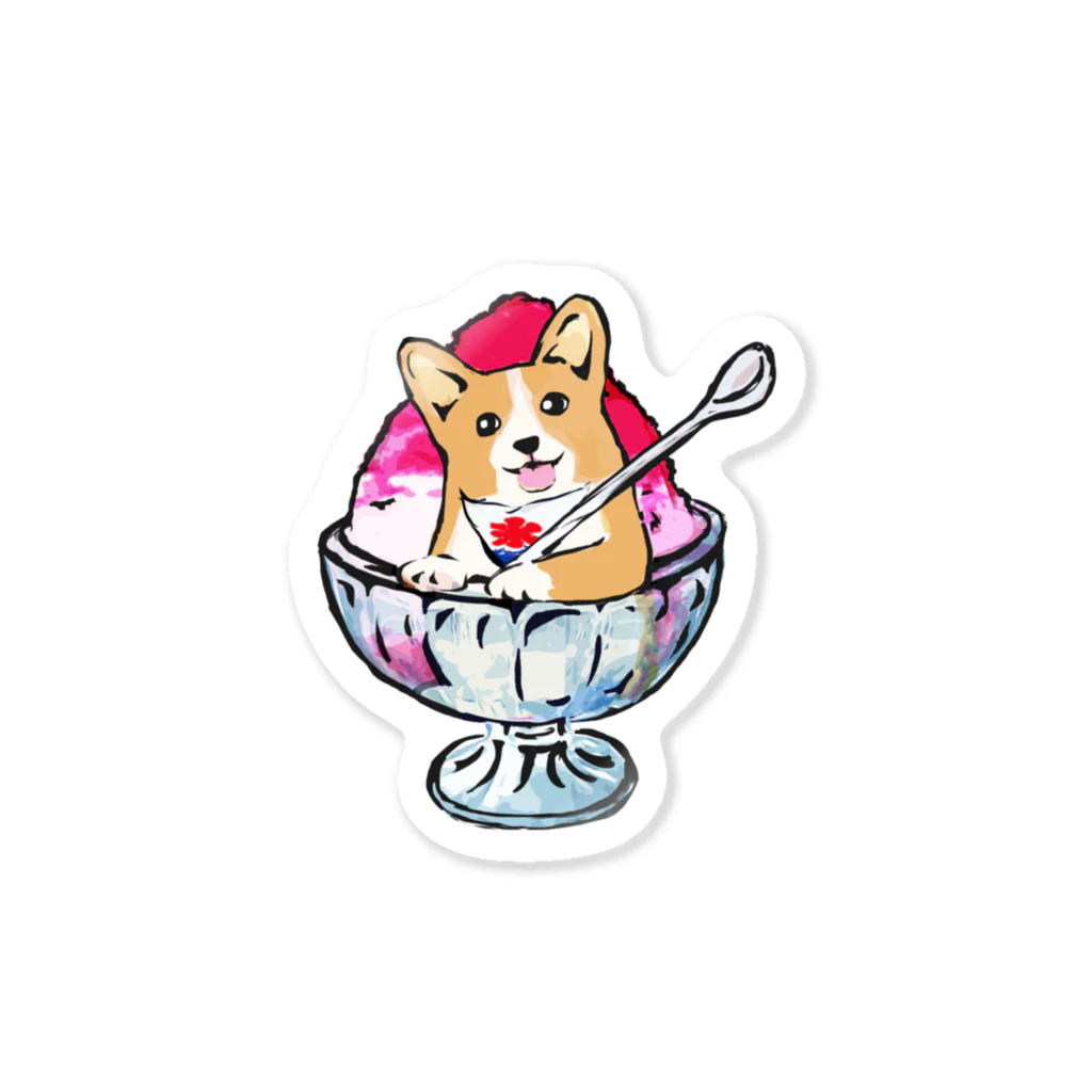 犬グッズの店しえるぶるーのかき氷ワンちゃん　氷イチゴ　コーギー Sticker