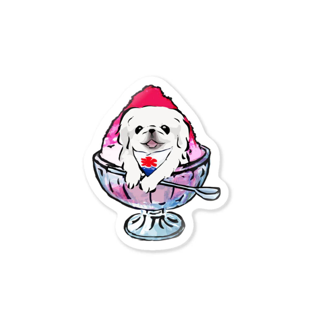 犬グッズの店しえるぶるーのかき氷ワンちゃん　氷イチゴ　ペキニーズ　ホワイト Sticker