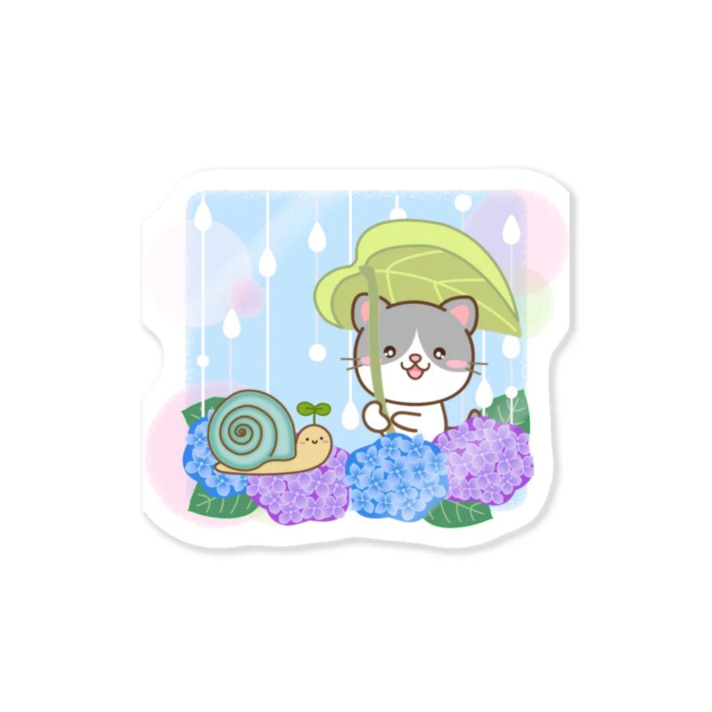 little lion house公式ショップ（大人のためのねこ）の梅雨の雨と紫陽花ねことかたつむり Sticker