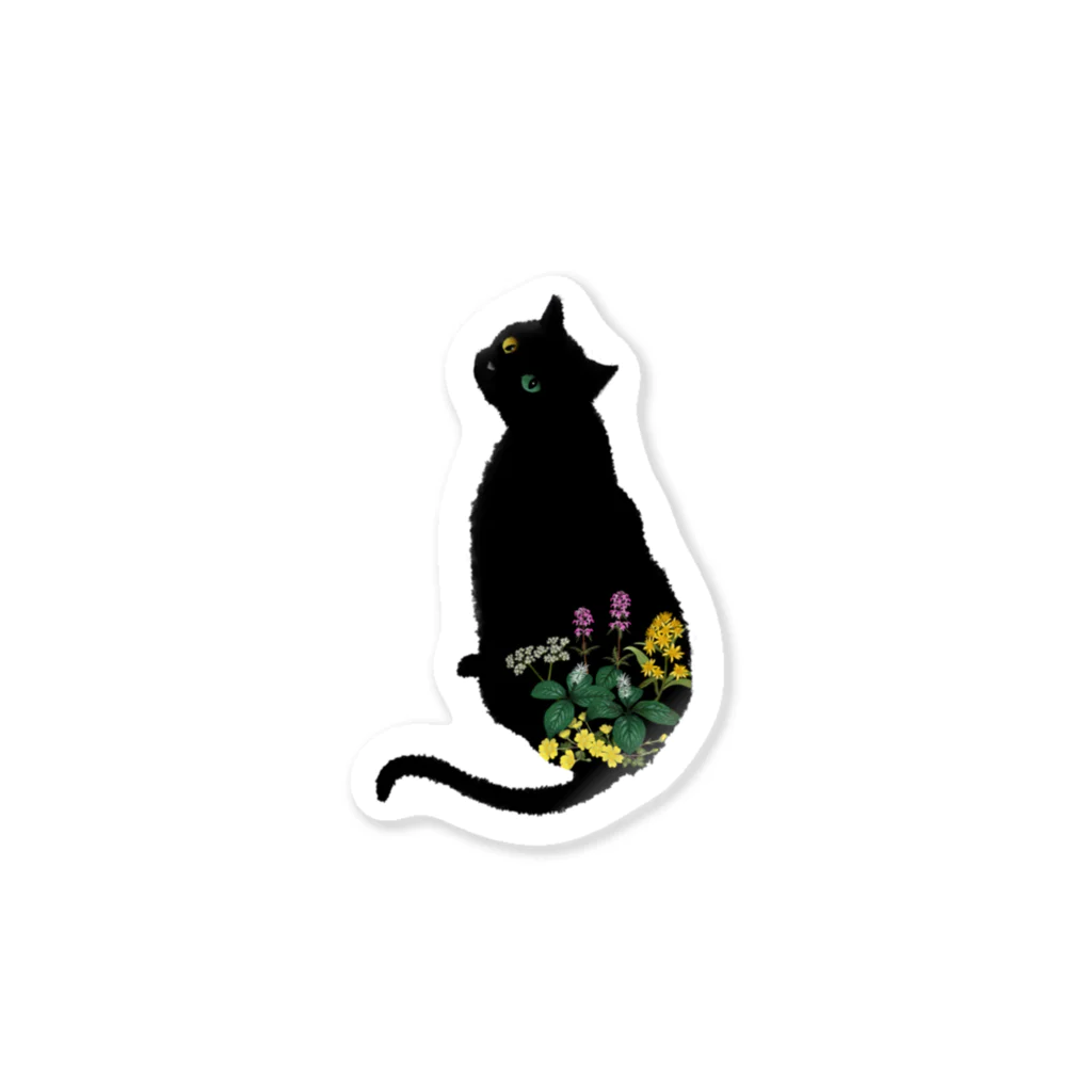 Little fingerの花と黒猫 ステッカー