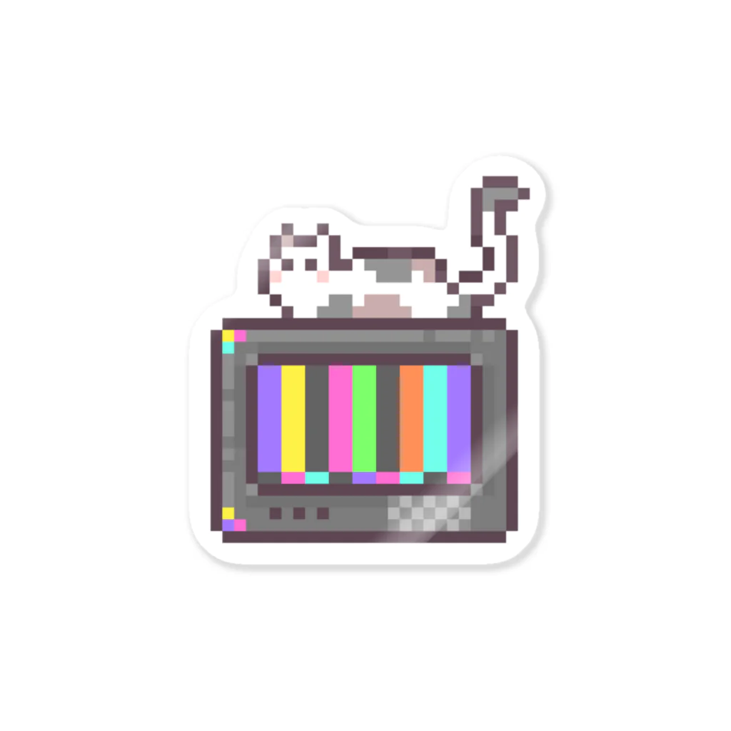 モチパンショップの猫とブラウン管テレビのドット絵スッテッカー Sticker