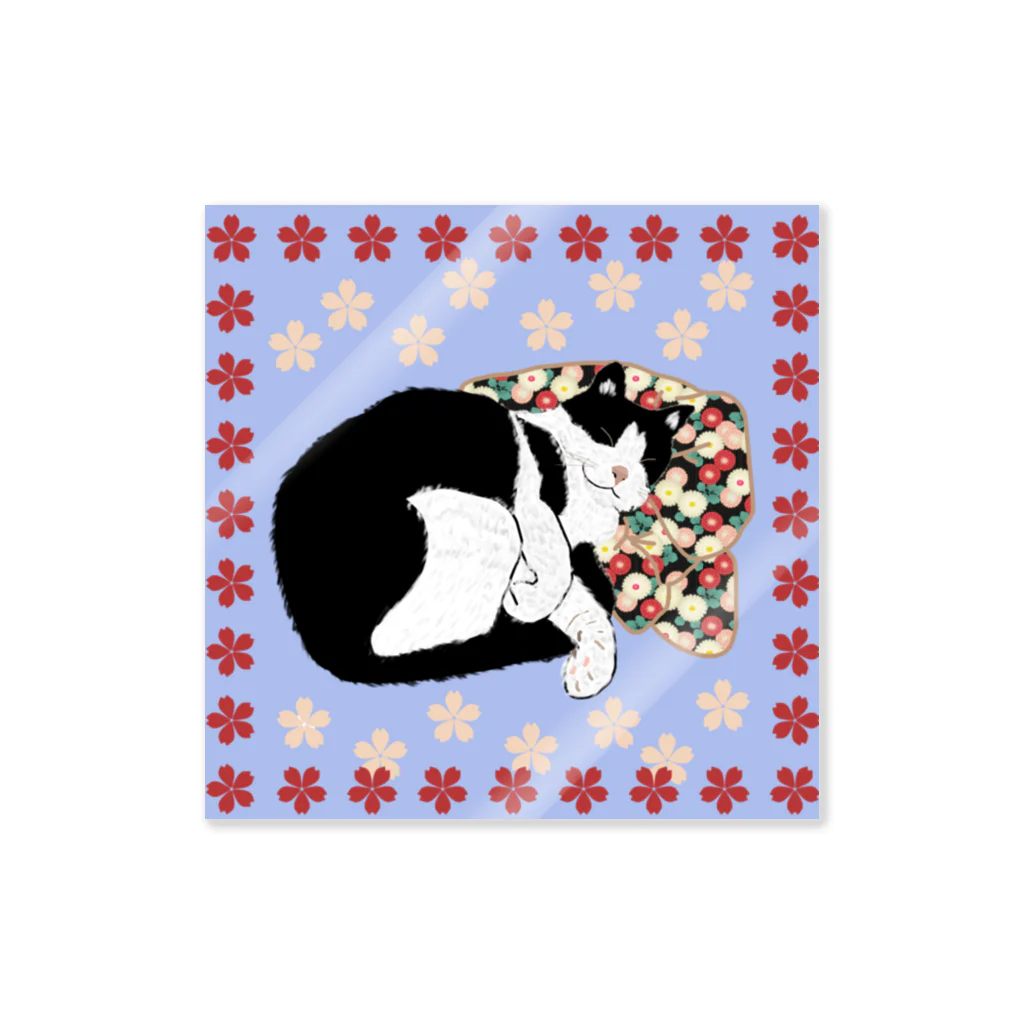 小鳥と映画館の桜 花柄クッションで寝るハチワレ バンダナとハンカチ Sticker