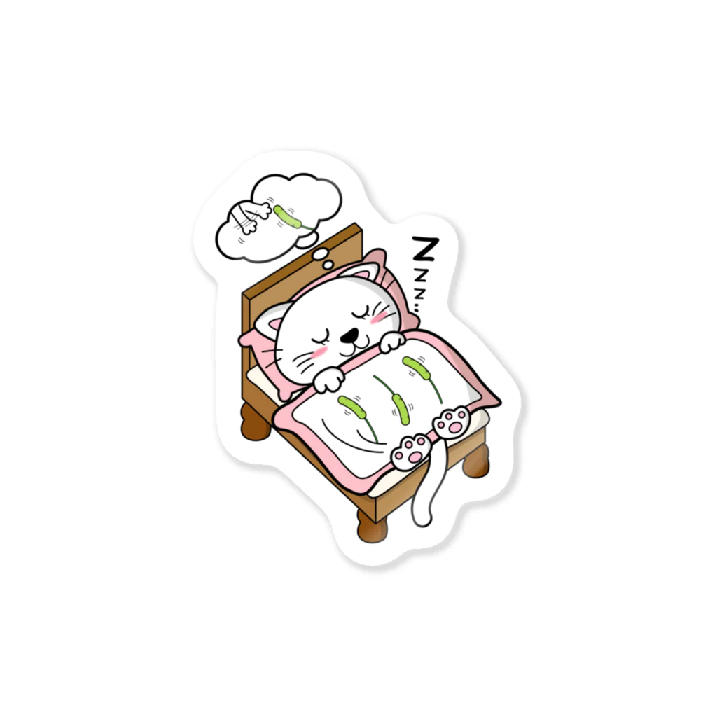 茶々の猫グッズのベッドで寝る猫(白猫女の子) Sticker