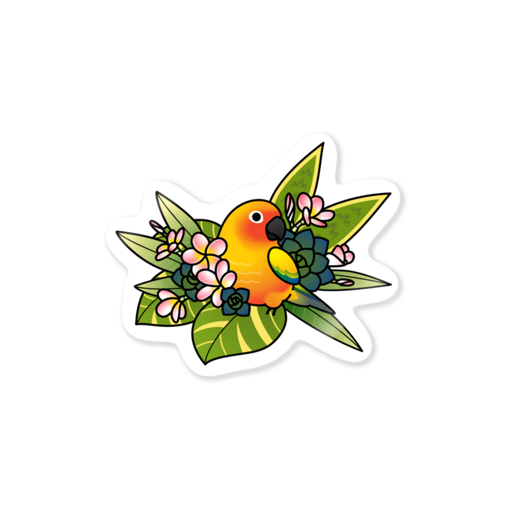 Cody the LovebirdのChubby Bird コガネメキシコインコとお花 Sticker